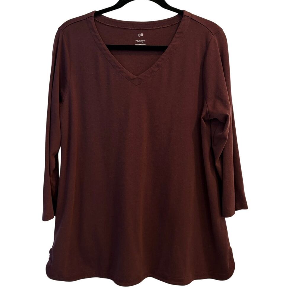 J.Jill Maroon V-Neck Pima Cotton 3/4 Sleeve Knit Top Tunic Minimalist Cozy Large